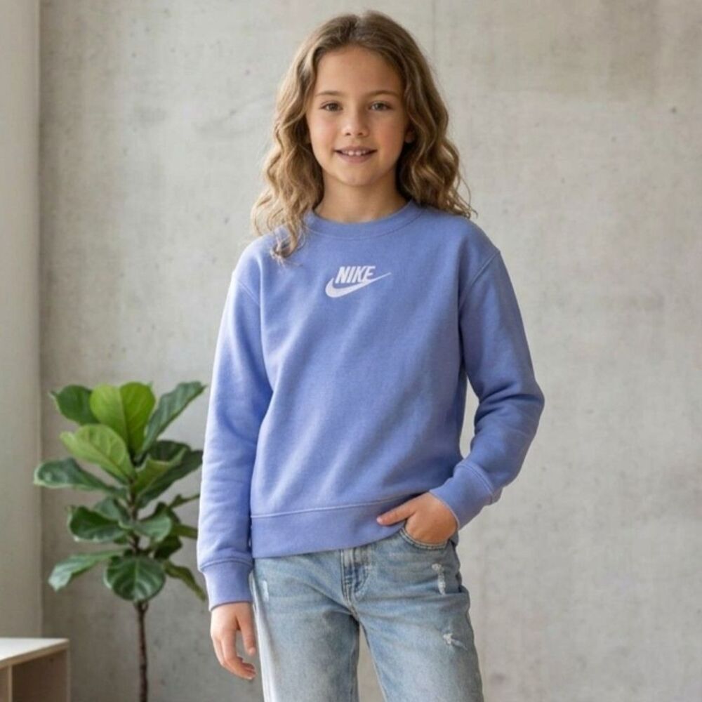 Nike Girls S 7-8 Blue Embroidered Logo Club Fleece Crewneck Sweatshirt Pullover